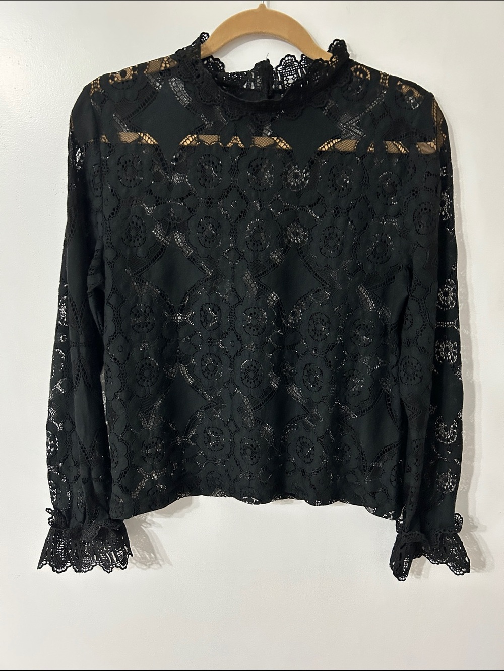 Unbranded Black Lace Blouse With Ruffle Trim Whimsigoth Long-Sleeve Mock Neck